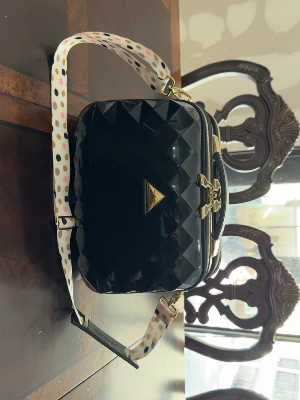 Black Quilted Crossbody Makeup Bag with Polka Dot Strap & Interior